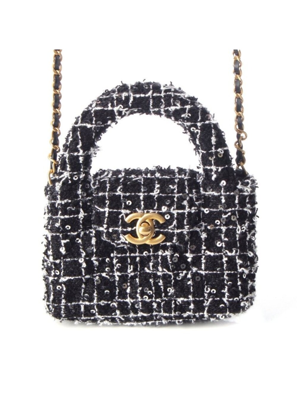 Chanel Tweed Sequin Mini Shopping Coco Handle Chain Shoulder Bag Black White